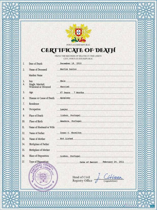 Download Portugal death certificate PSD template Photoshop template